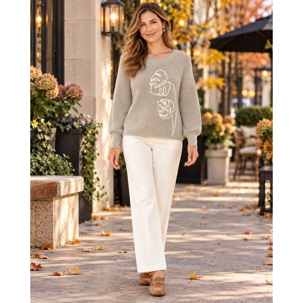Tommy Bahama Sweater Womens XS Breezy Tan Monstera Leaf Embroidered Cotton Blend